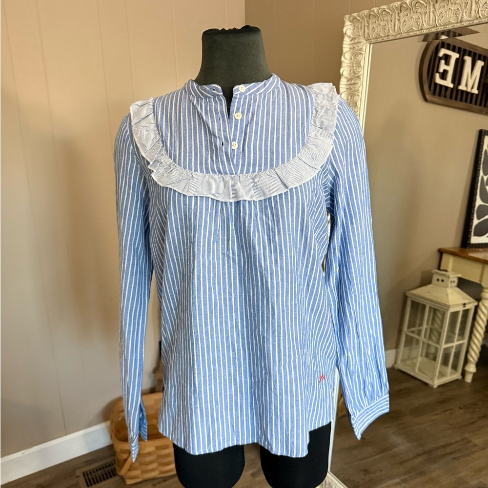 Leon and Harper • Striped Ruffle Mix Blue Blouse